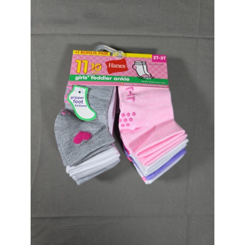 NEW Hanes Toddler Girls' 10 Pk W/BONUS Athletic Ankle Sock Various Colors 2T-3T
